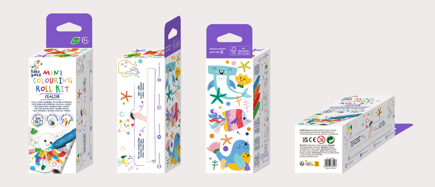 Hakuyoka Mini Colouring Roll Kit Set - Sealife, Creative Coloring Roll for Kids, Portable & Fun Art Activity, FSC Certified Paper & Beeswax Crayons