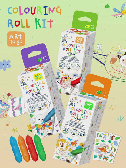 Hakuyoka Mini Colouring Roll Kit Set - Vehicle, Creative Coloring Roll for Kids, Portable & Fun Art Activity, FSC Certified Paper & Beeswax Crayons